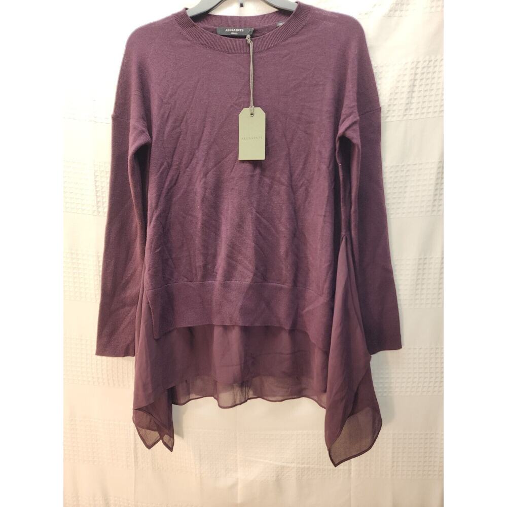 All Saints Sweater Womens Large Libby Crew Neck 100% Merino Wool Purple High Low - Picture 2 of 12